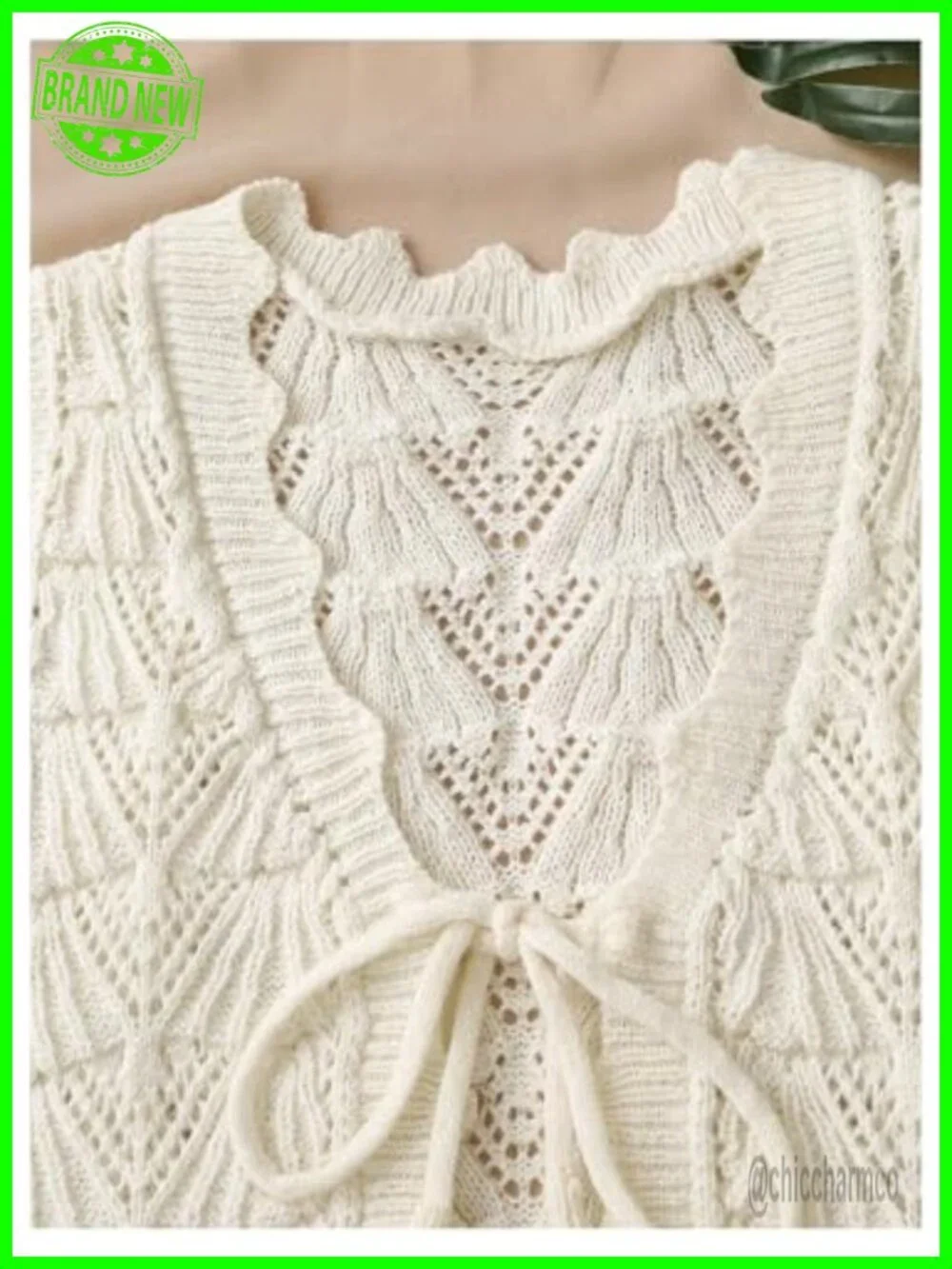 Crochet Sweater Vest Bow Tie Sleeveless Knit Top Vacation Wear